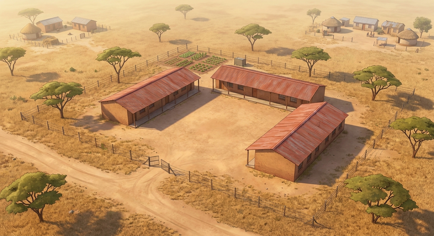 Aerial view of Mapaputle Primary's three classroom blocks among acacia trees
