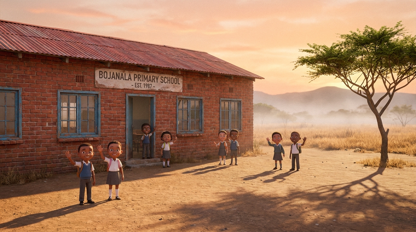 The original 1987 brick classroom block at sunrise