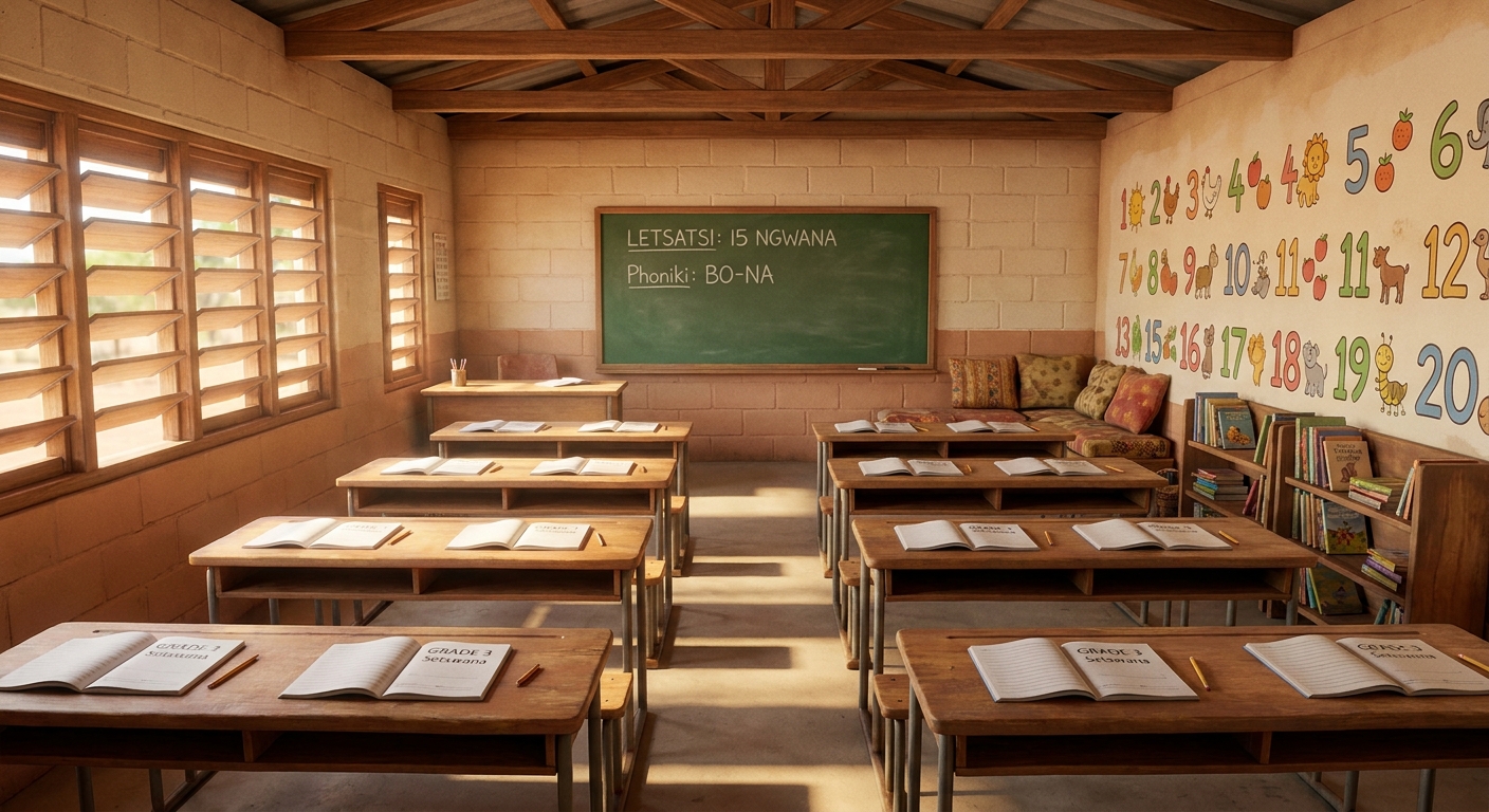 Inside our Grade 3 classroom — chalkboard, painted maths wall, exercise books on shared desks