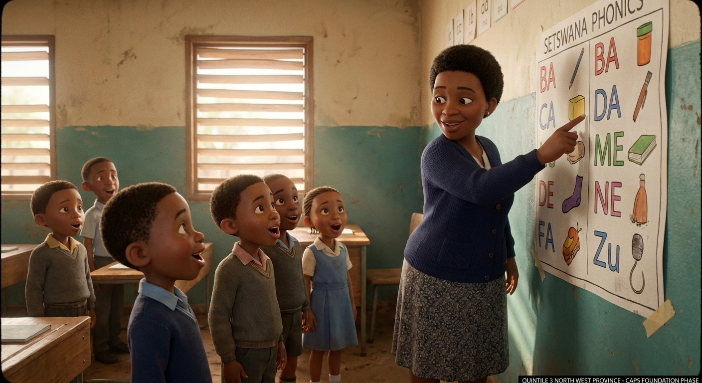 A teacher pointing to a Setswana phonics chart while children read aloud