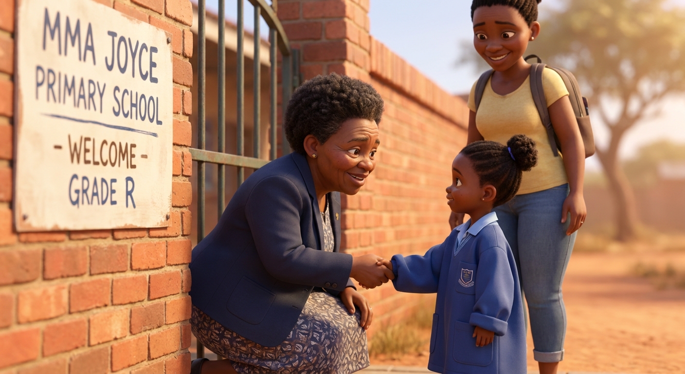 Mma Joyce greeting a new family at the gate
