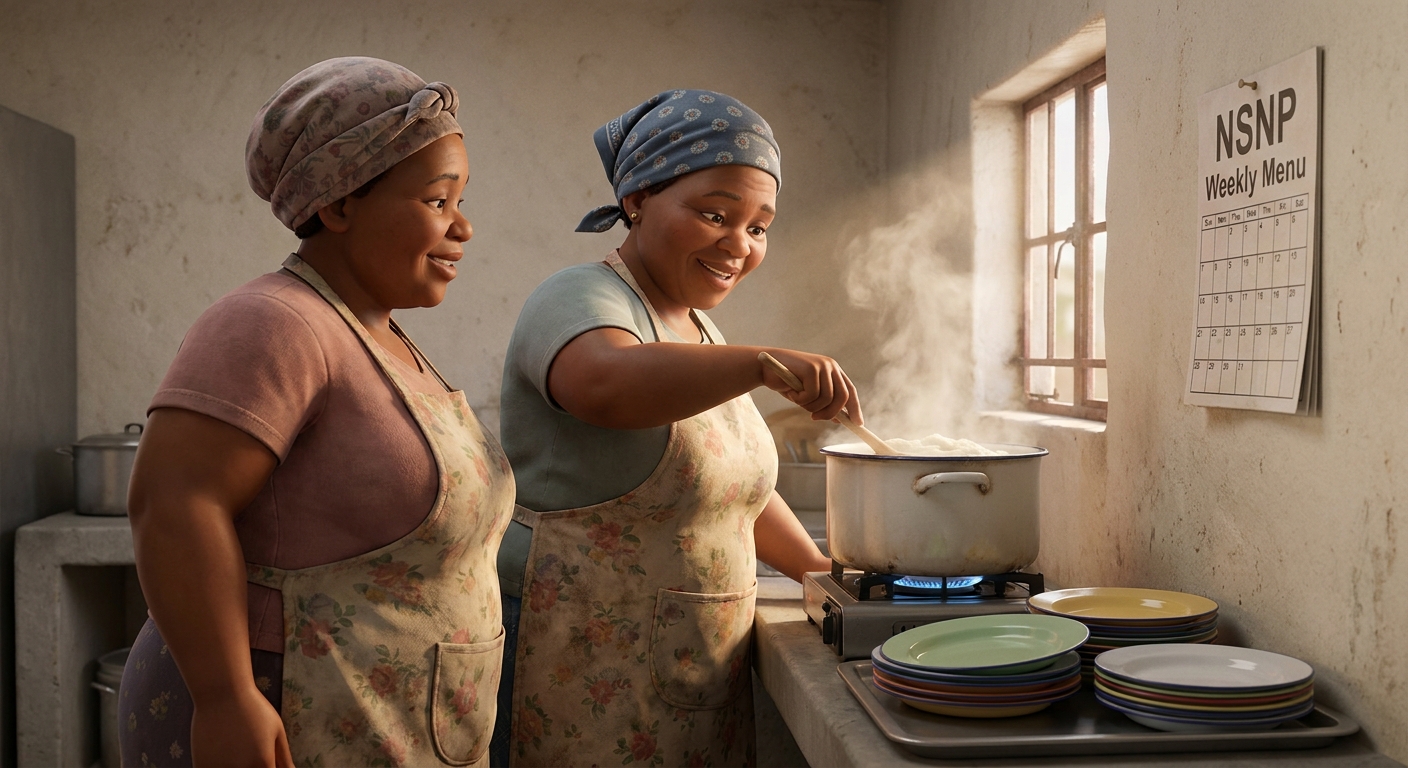 Two volunteer cooks stirring a large pot of pap in the school kitchen