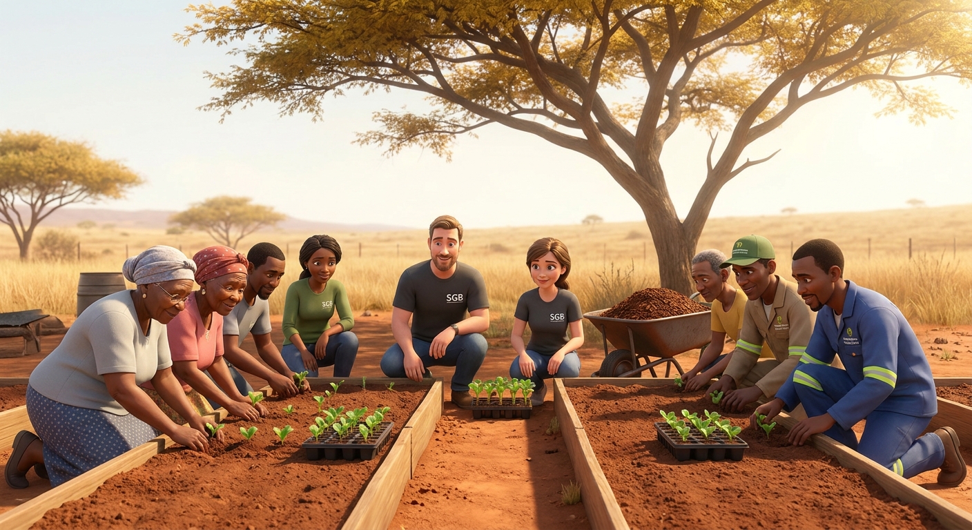 A circle of parents and SGB members planting young vegetables in the school garden