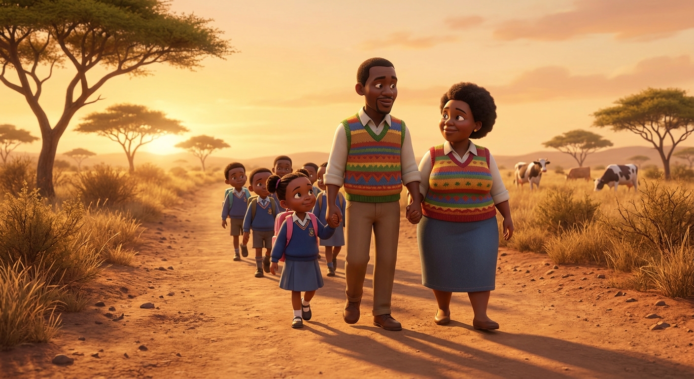 Two parent volunteers walking the youngest learners home along the dirt road