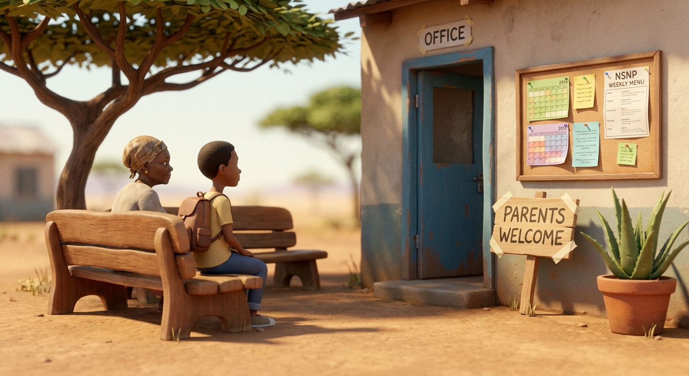 The parent waiting area outside the office, with two wooden benches in the shade