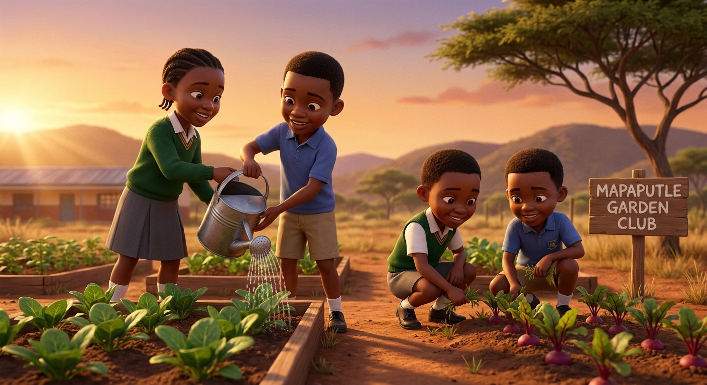 Children harvesting spinach in the school garden, baskets in hand
