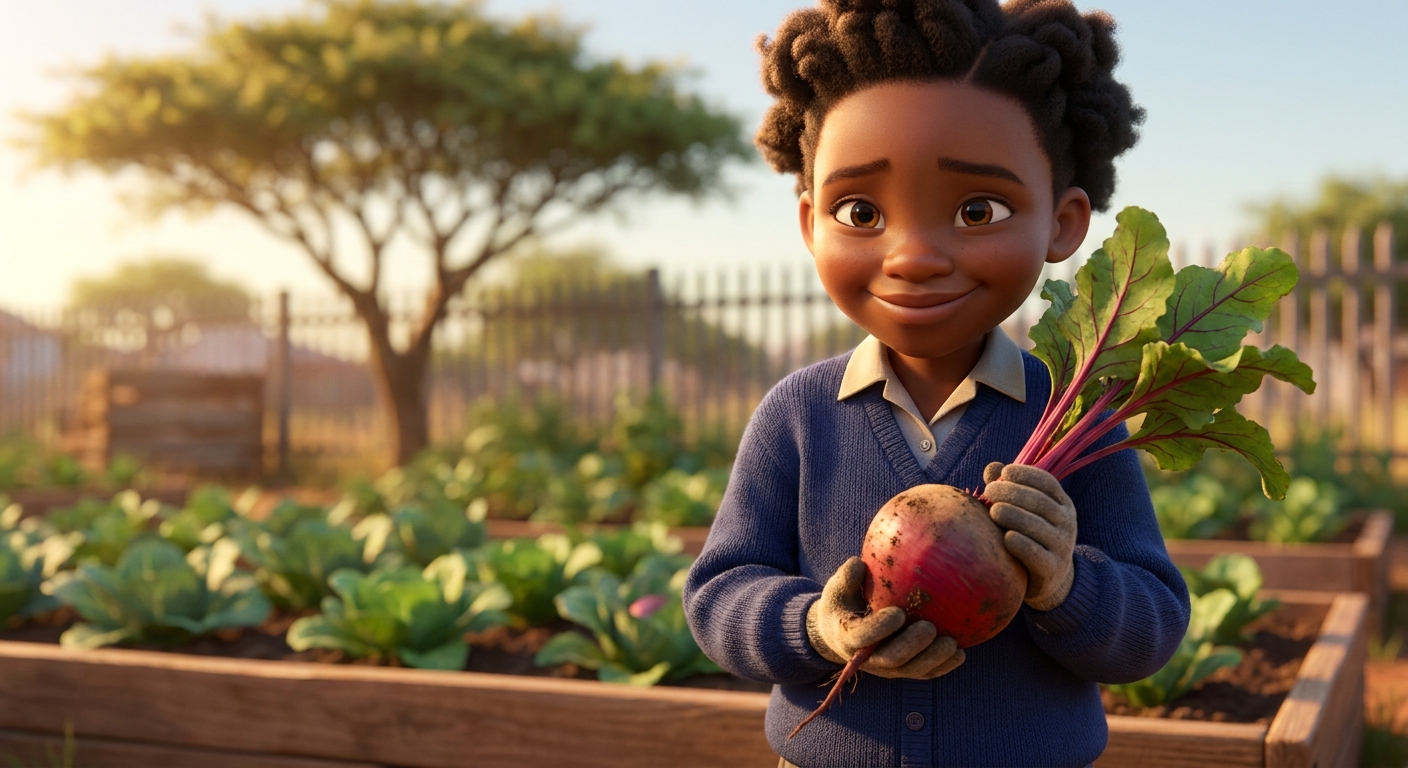 A learner showing off a large beetroot just pulled from the ground