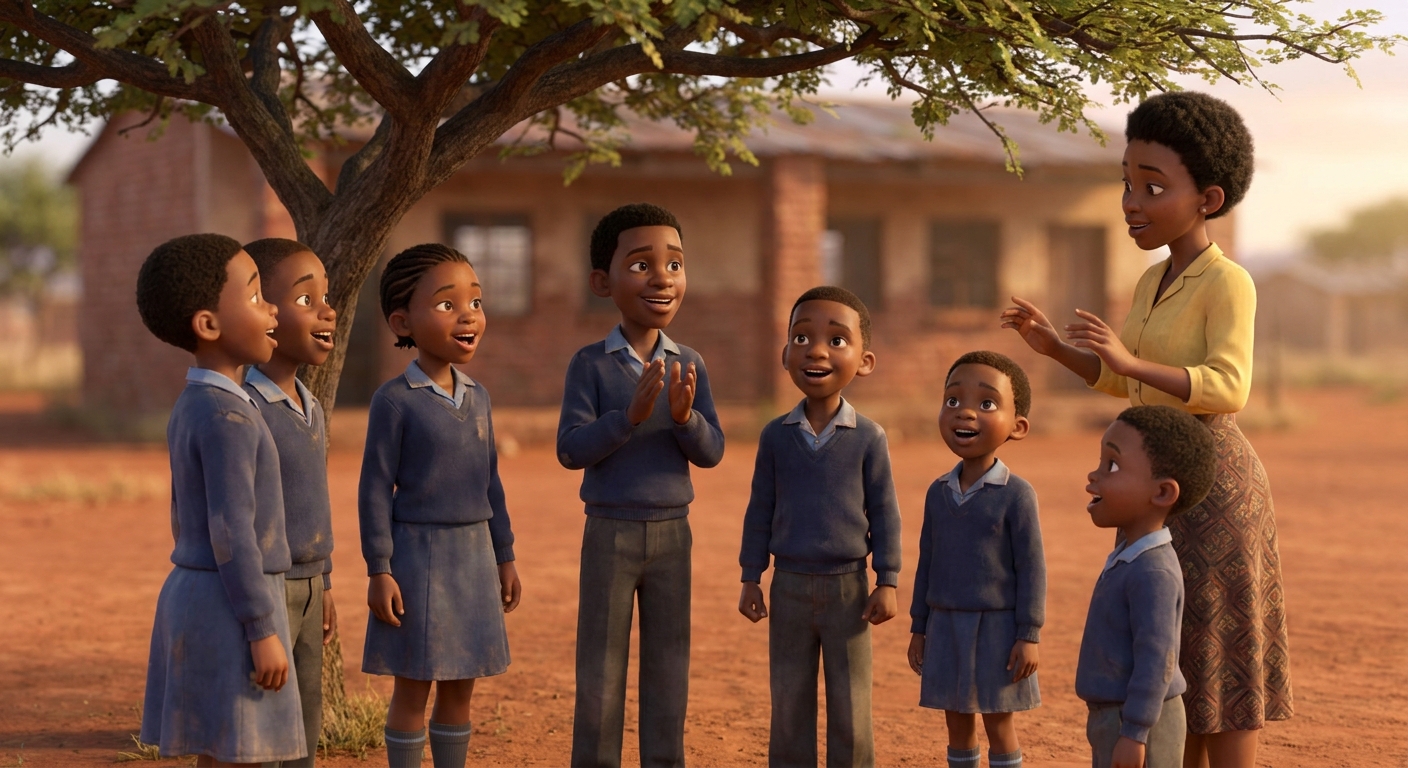 A circle of children in school uniform singing during choir rehearsal under a tree