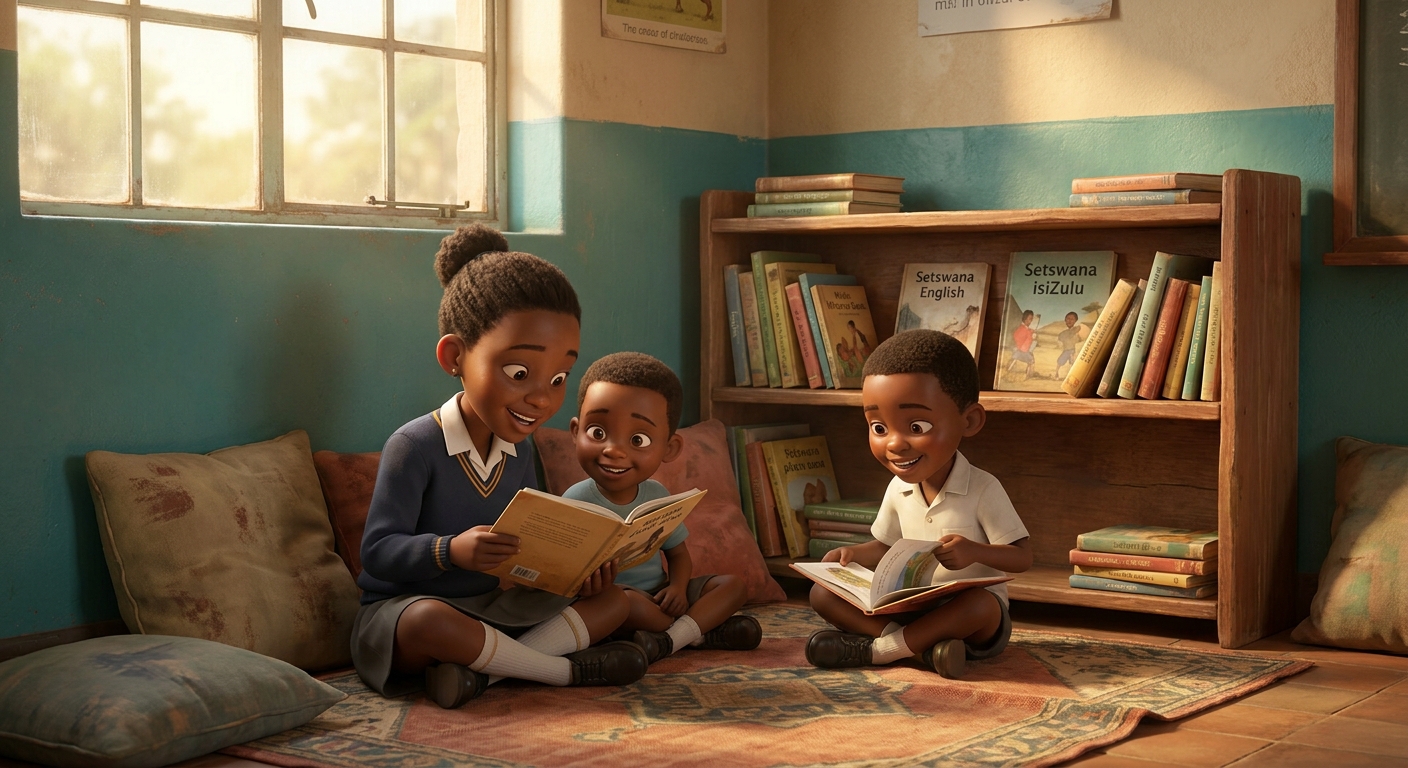 Children sitting on cushions in the corner reading nook, leafing through picture books