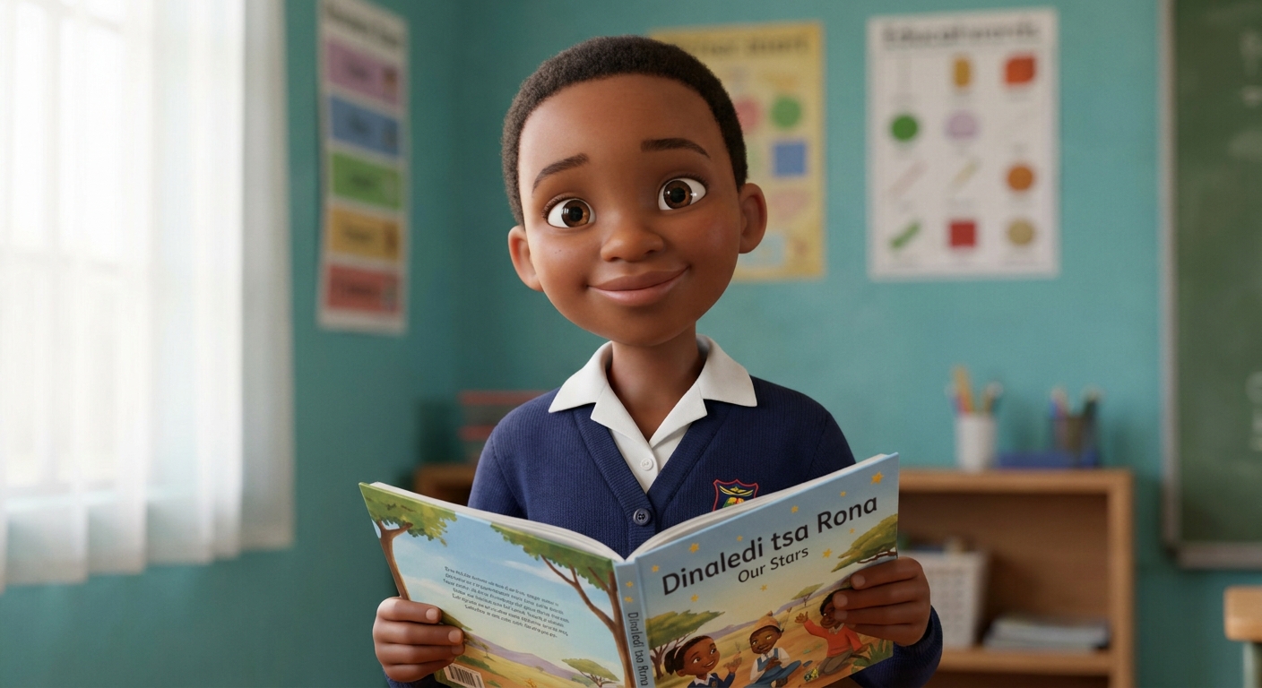 A child holding up a favourite Setswana storybook
