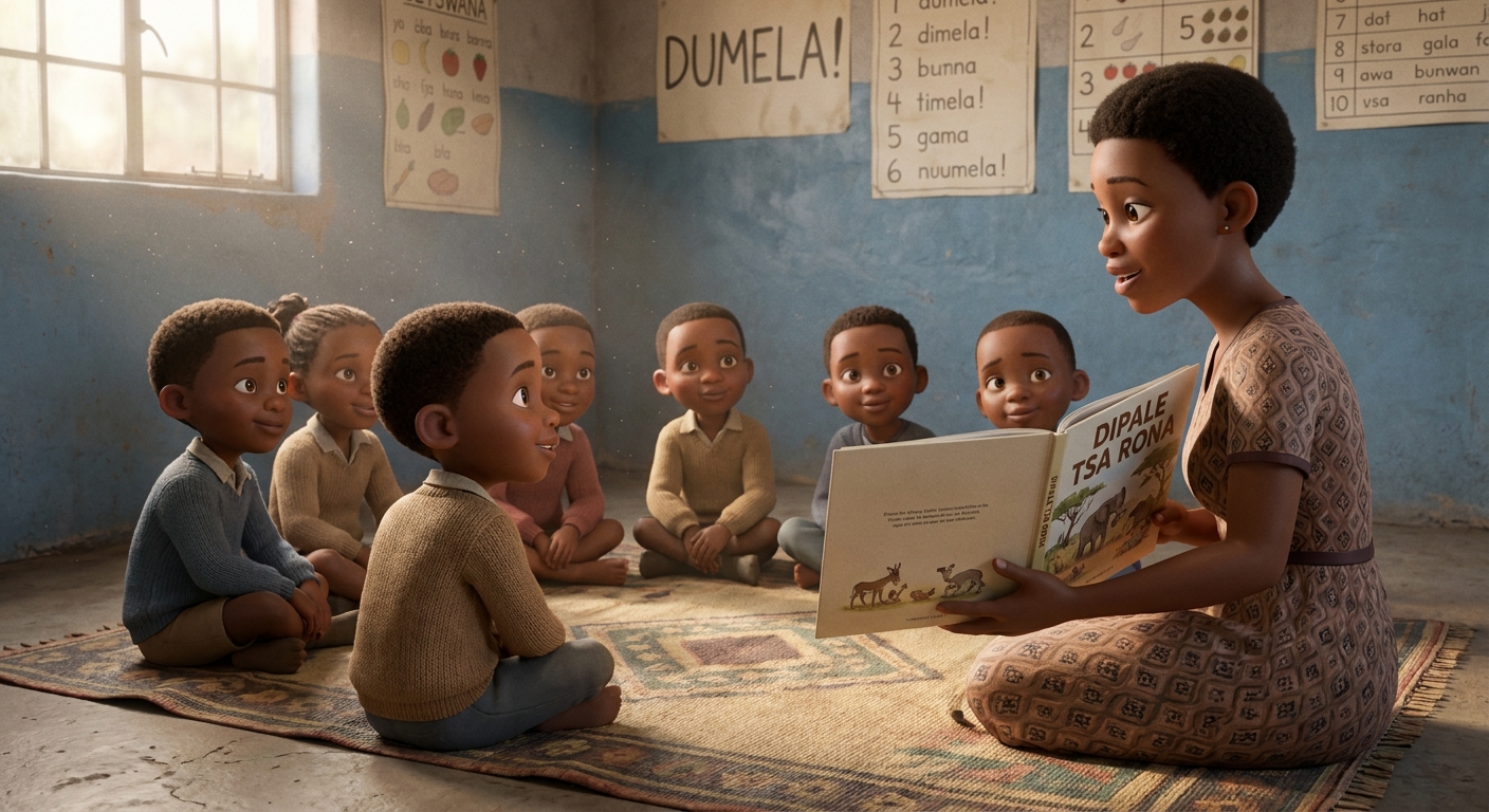 Children listening as a teacher reads aloud in Setswana
