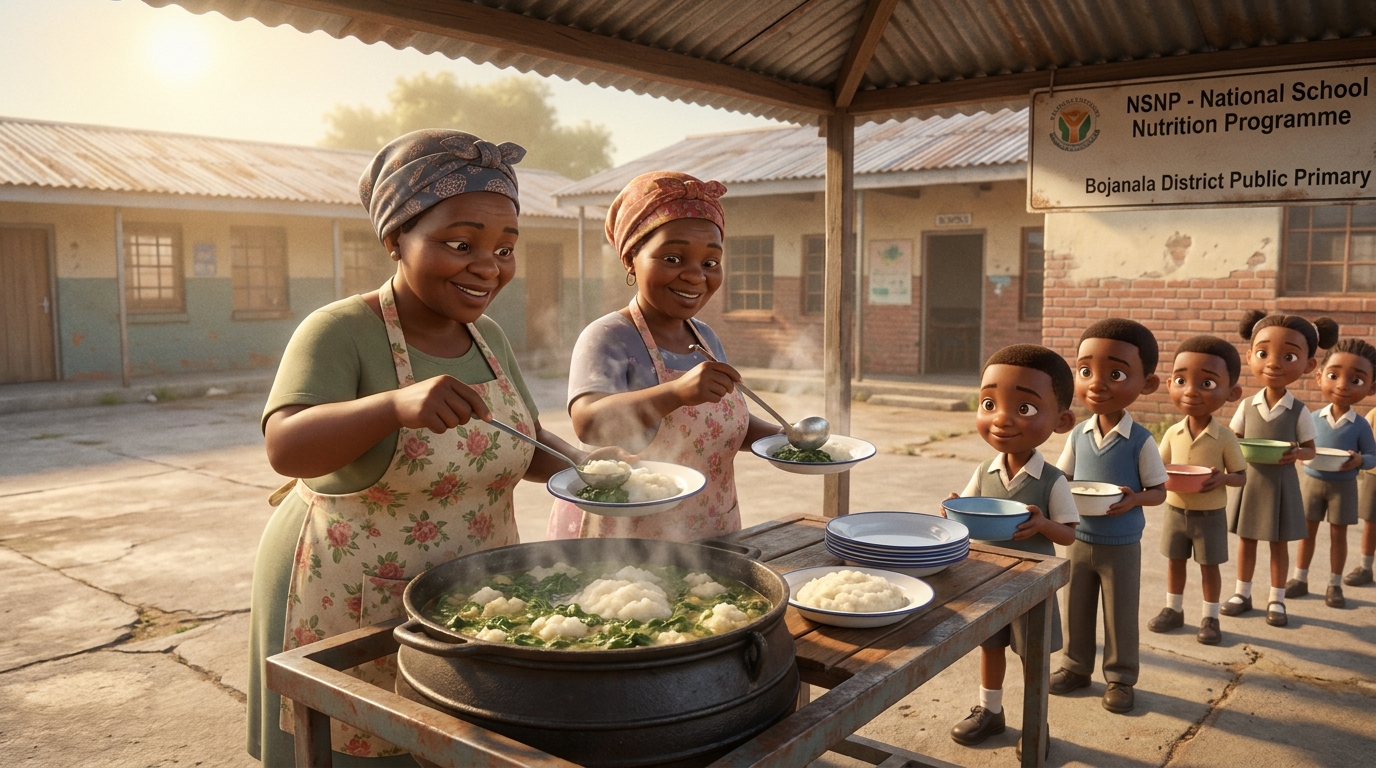 Cooks dishing out the daily NSNP meal of pap and morogo