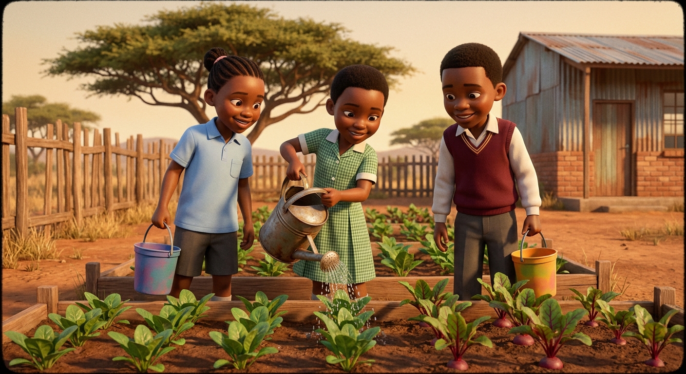 Children watering spinach beds in the school's edible garden