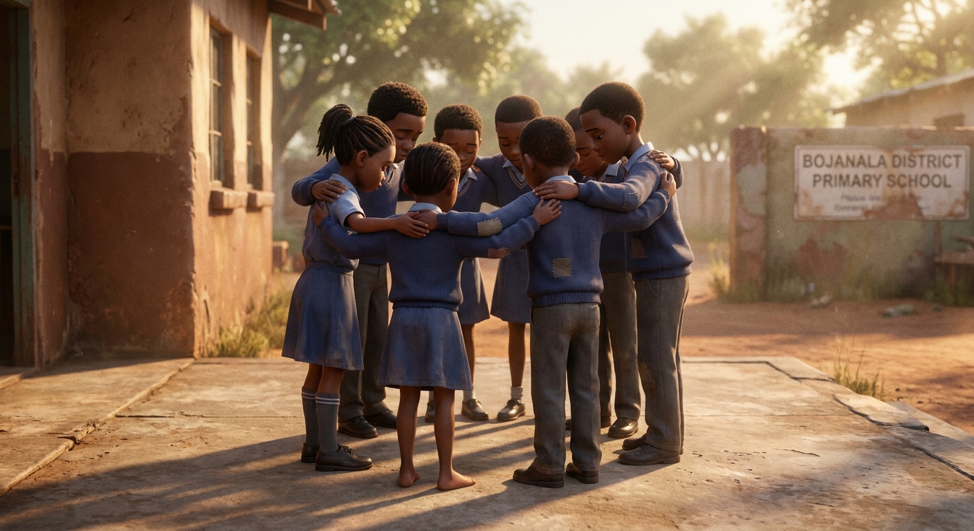 A circle of children sitting with arms around each other after morning assembly