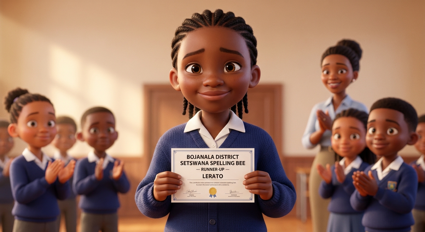 Lerato holding her runner-up certificate at the Bojanala spelling bee