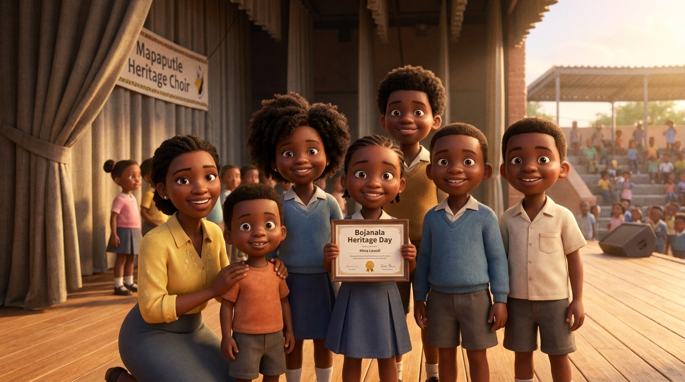 A choir of seven children holding a small heritage-day certificate together