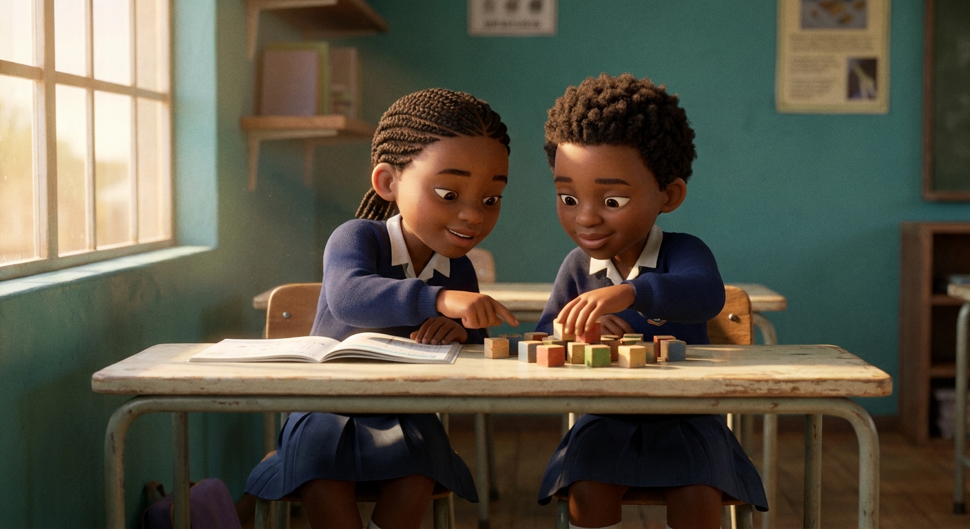 Two Grade 2 learners working together on a shared maths workbook