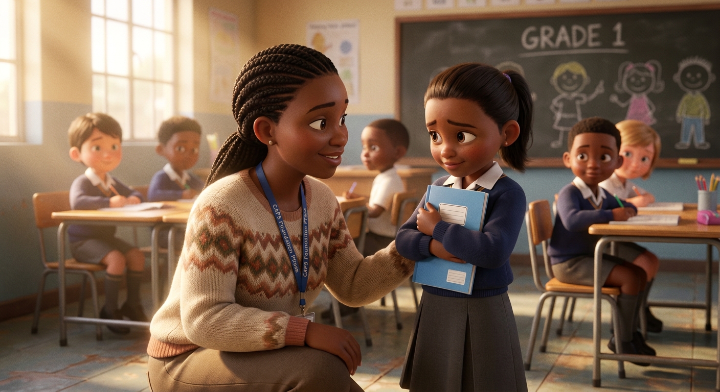 A teacher kneeling to talk eye-to-eye with a quiet child