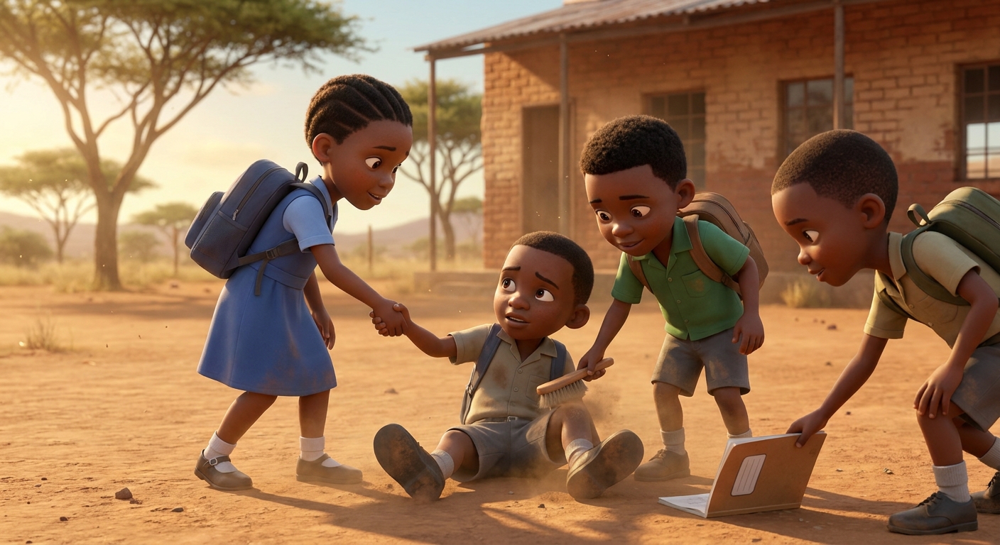 Children helping each other up after a fall on the dirt yard