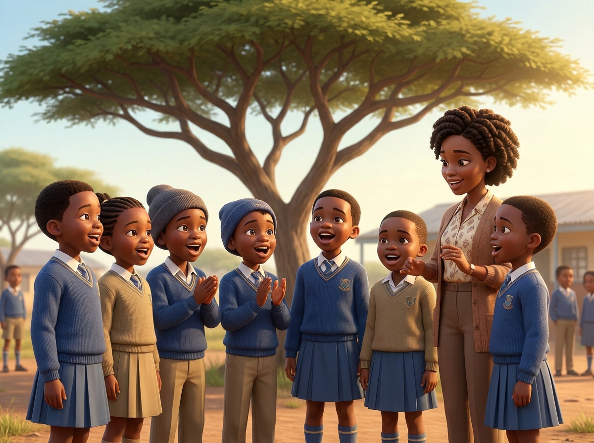 A choir circle of seven children singing during morning assembly