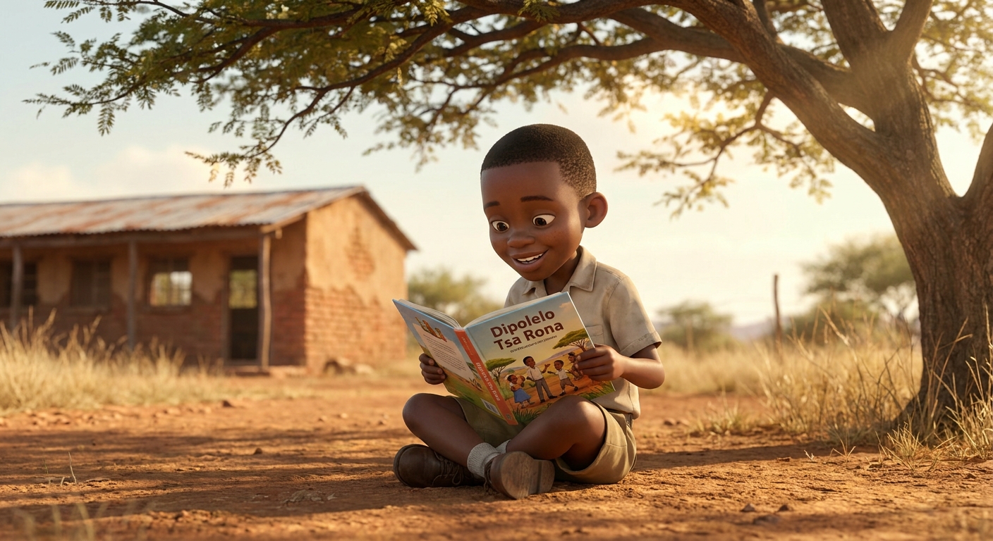 A child reading a book under an acacia tree