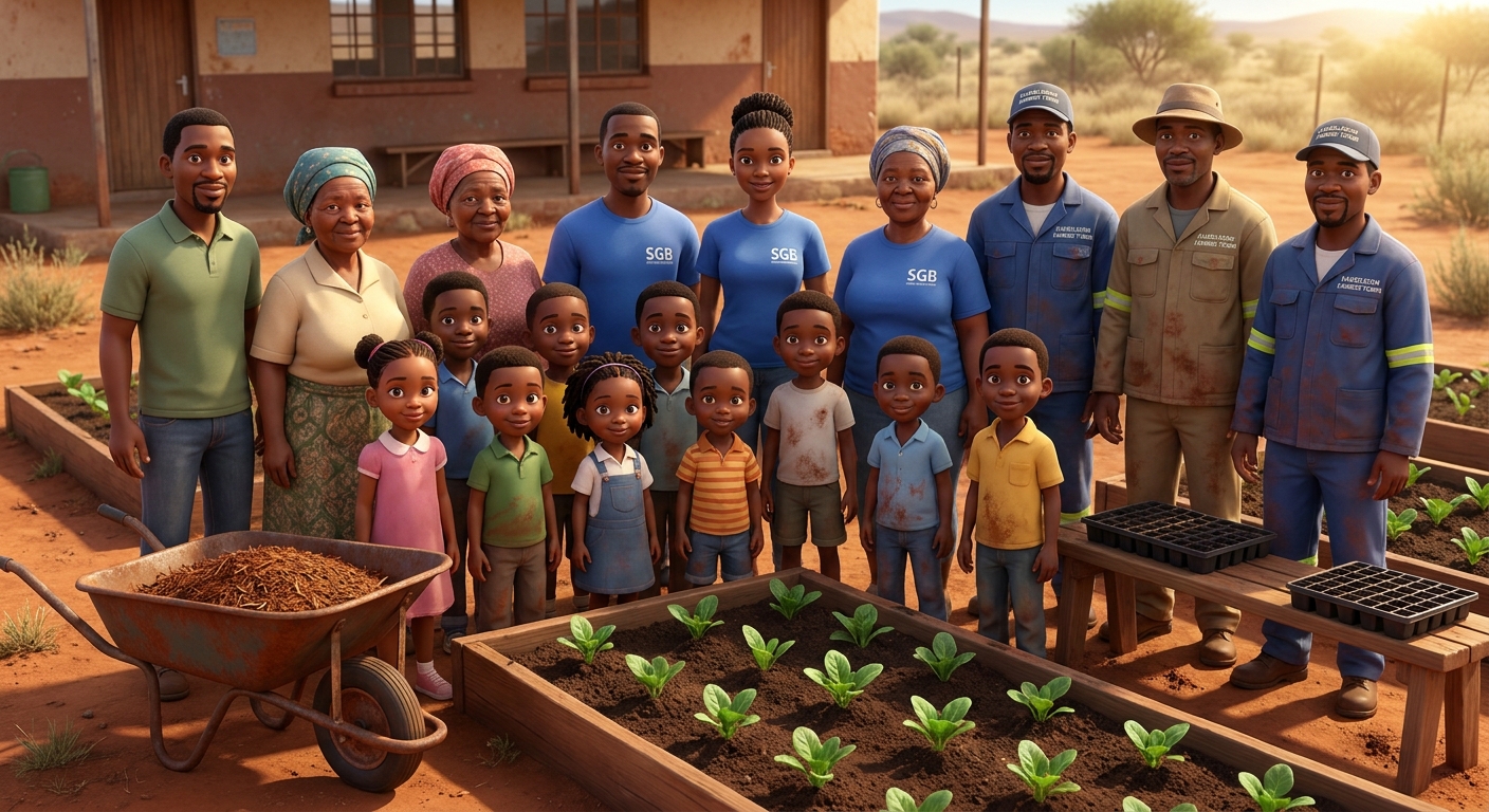 Volunteers and parents gathered in the school garden after a planting morning