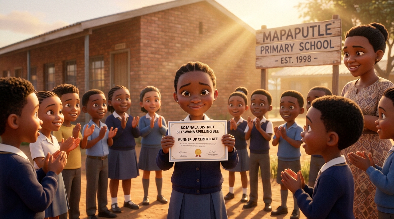 Lerato holding her certificate at the spelling bee, surrounded by classmates