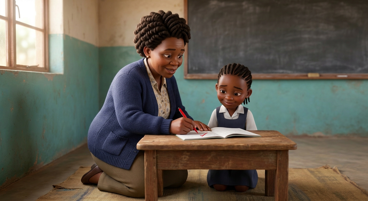 Mma Joyce kneeling next to a Grade 1 learner's desk, marking her sums