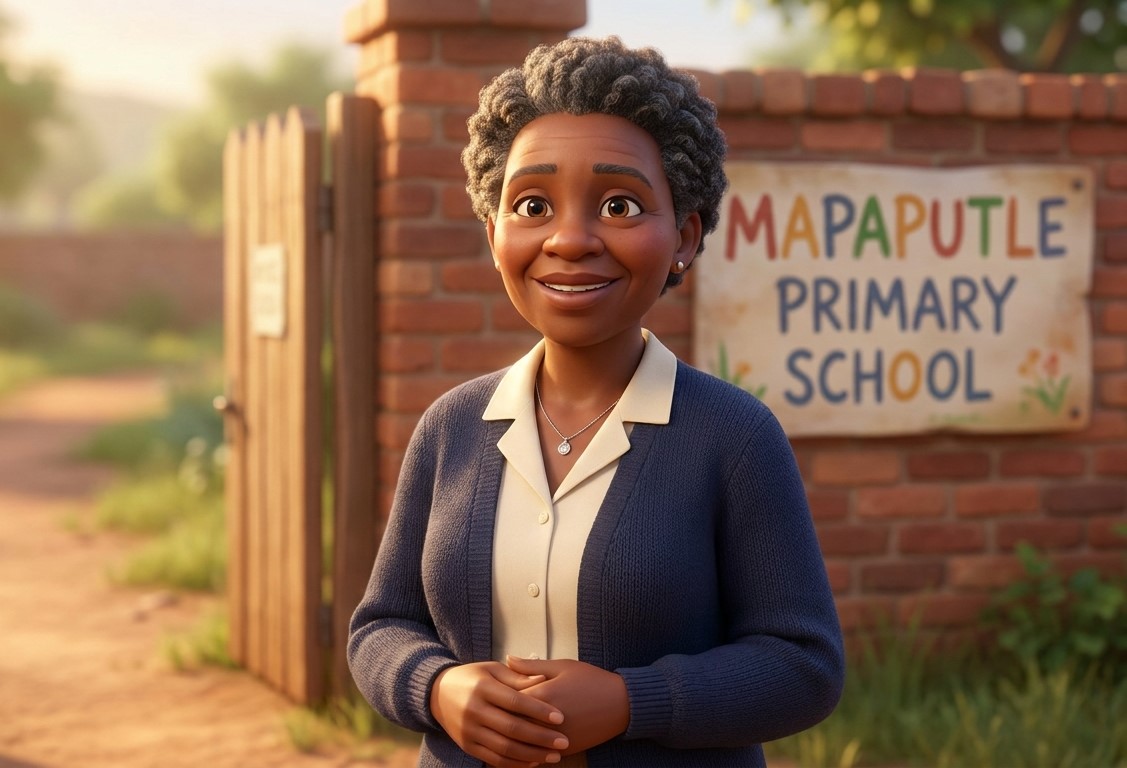 Principal Joyce Mpho Sedikwe smiling outside the school gate, wearing a navy cardigan