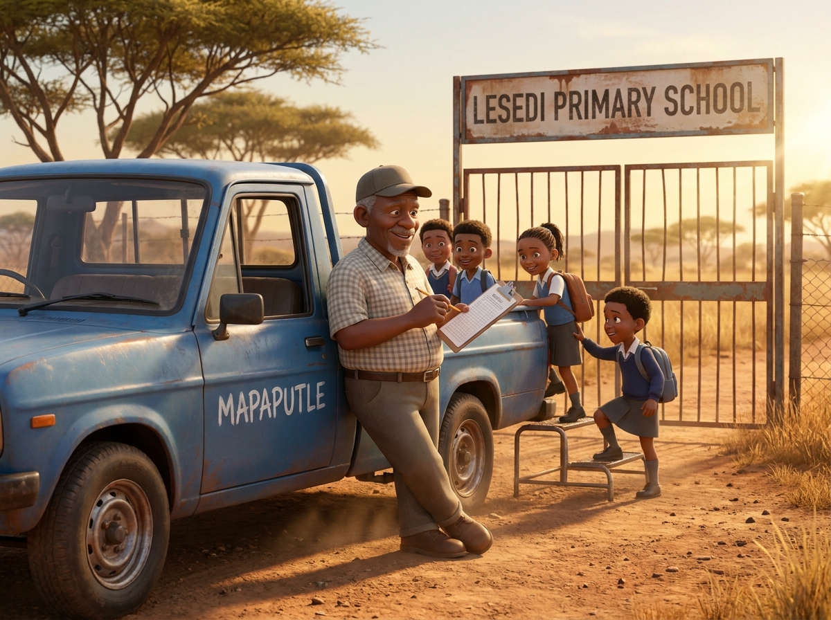 A blue bakkie marked 'Mapaputle' picking up children at the gate