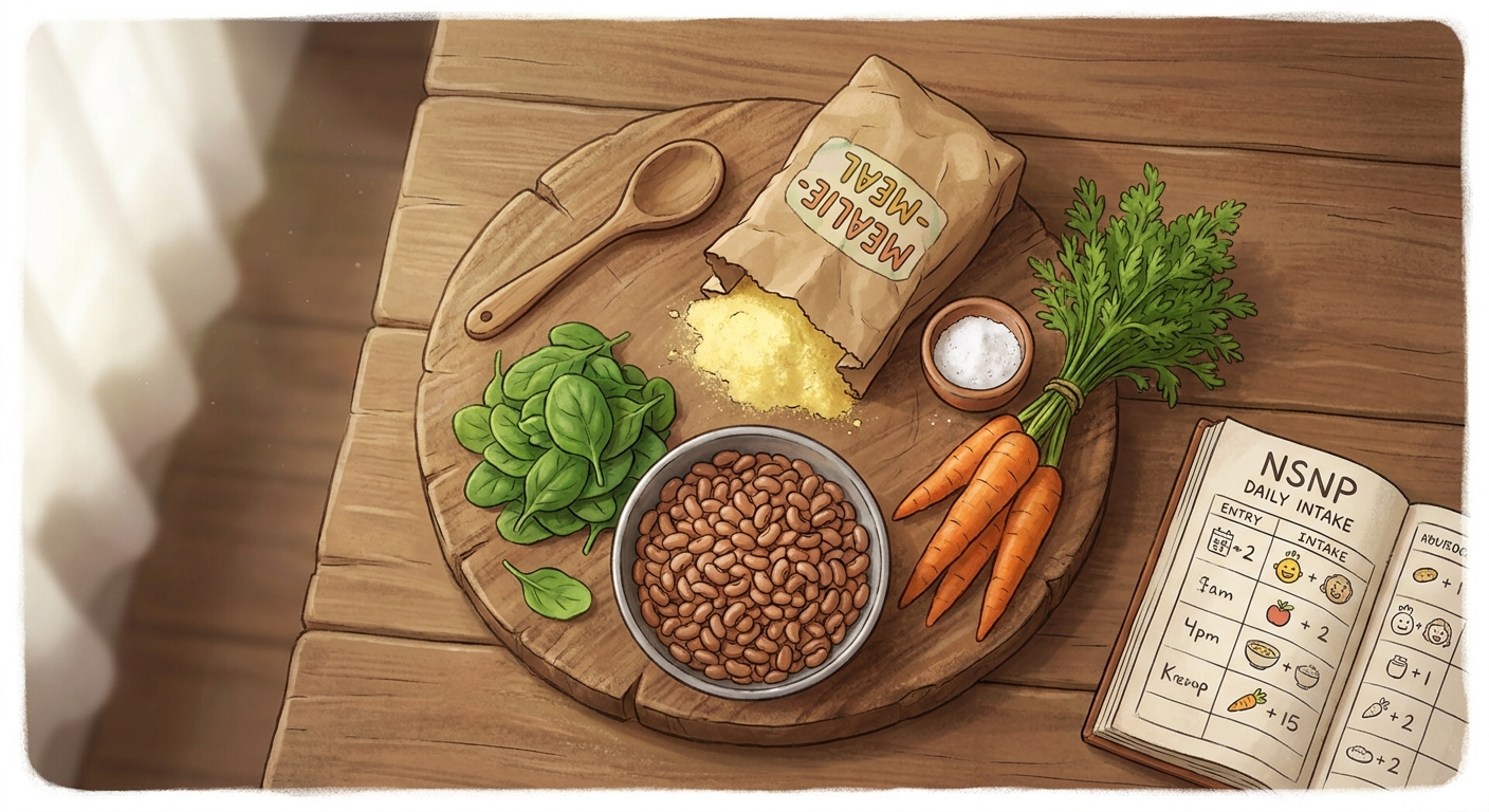 Spinach, beans and a bag of mealie-meal lined up before the day's NSNP cooking