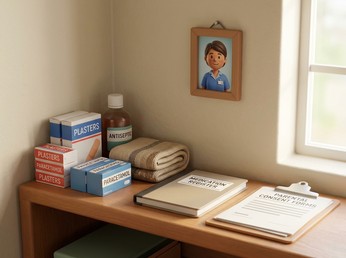 Our small first-aid room with a tidy shelf of plasters, paracetamol and the school's medical register
