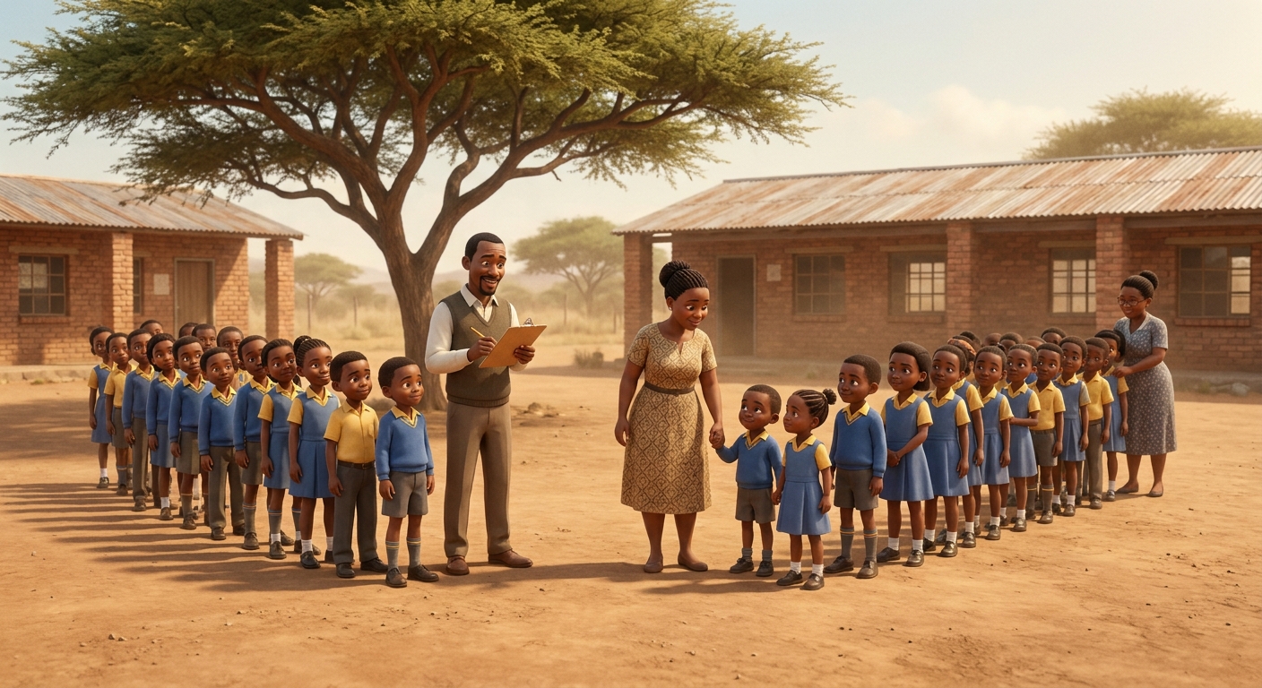 Teachers and learners practising an evacuation drill, lining up calmly under the acacia tree
