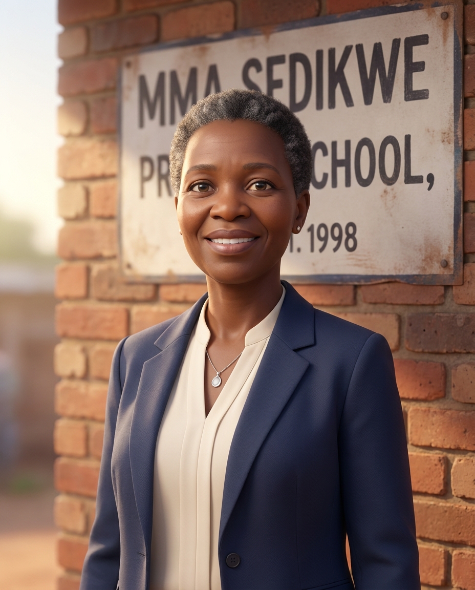 Principal Mma Joyce smiling outside the school gate