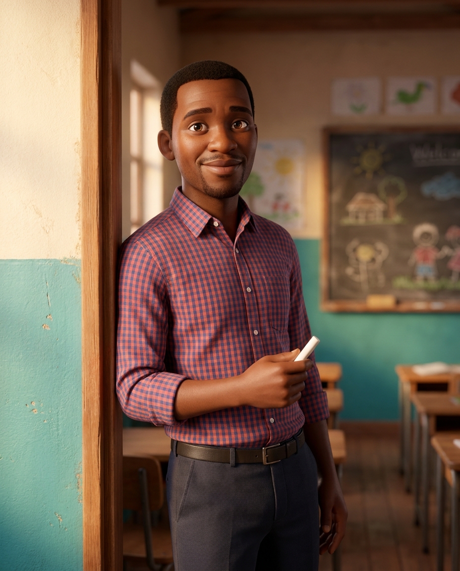 Portrait of Mr Tau, our intermediate-phase teacher, in a checked shirt