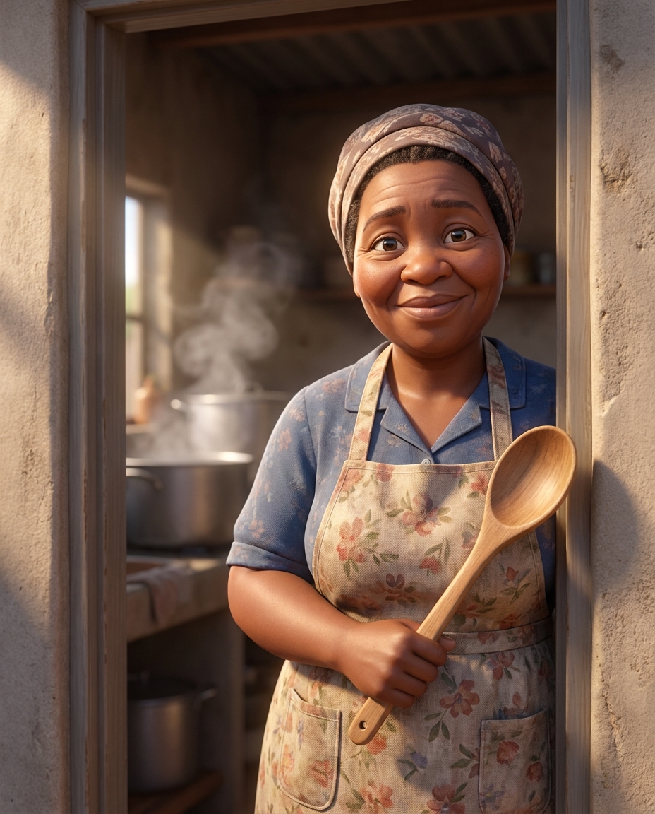 Portrait of Mma Salome, the school's lead NSNP cook, wearing an apron in the kitchen doorway