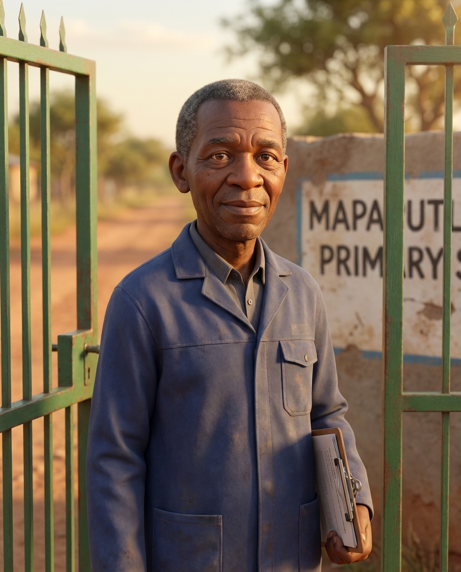 Portrait of Mr Mokwena, the school's daytime gate keeper, with a friendly weathered smile