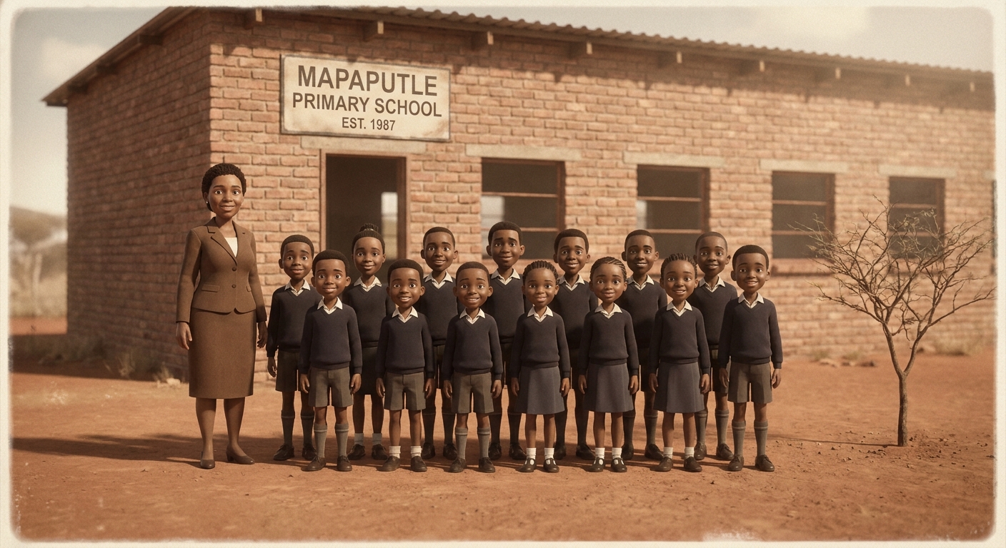 Sepia-toned photograph of children in front of the original 1987 classroom block