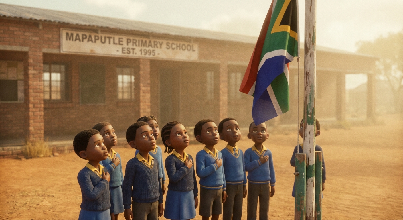 Slightly faded photograph of children raising the new South African flag for the first time