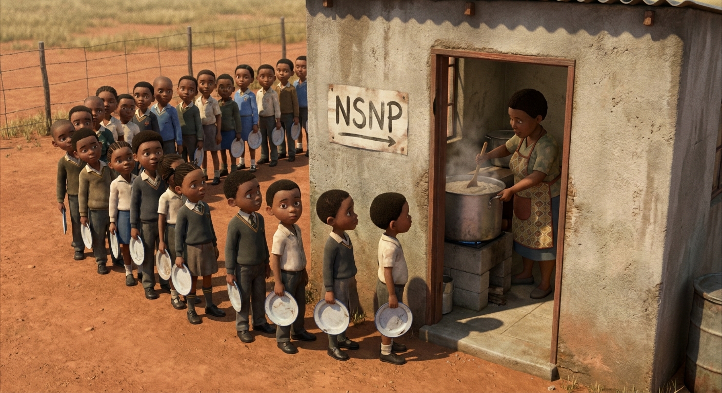 Children queuing with enamel plates outside the small NSNP kitchen, mid-2000s photo