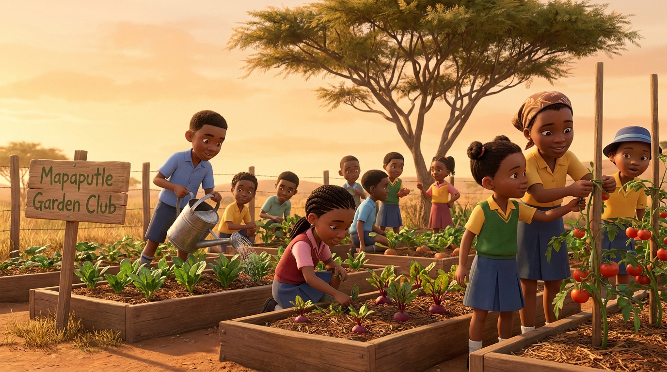 Recent photograph of children watering spinach in the school's edible garden